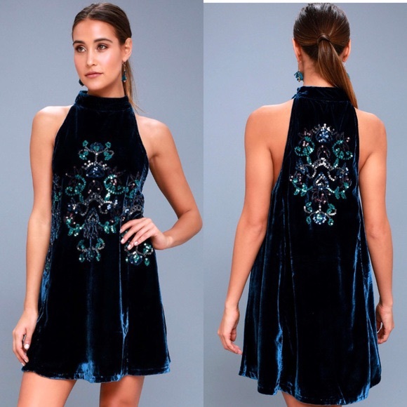 Free People Dresses & Skirts - Free People Blue Combo Velvet Dress with Sequins